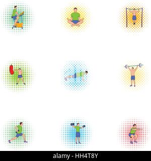 Kurse im Fitness-Studio Icons Set, Pop-Art Stil Stock Vektor