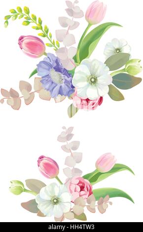 Satz von zwei schöne florale Dekorationselemente. Ansprechend arrangiert Trauben Frühling oder Sommerblumen, schöne Blumensträuße. Vektor-Illustration für Hochzeitseinladung, Grußkarte, Postkarte, print. Stock Vektor