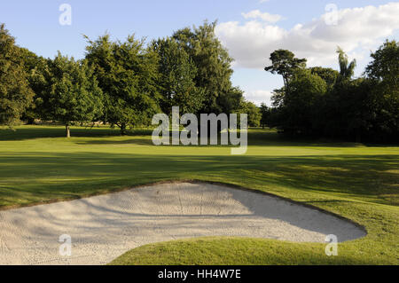 Blick über Bunker, 1. Grün Basingstoke Golfclub Hampshire England Stockfoto