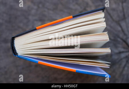Draufsicht eines aufgeschlagenen Buches auf einem Holzbrett Stockfoto