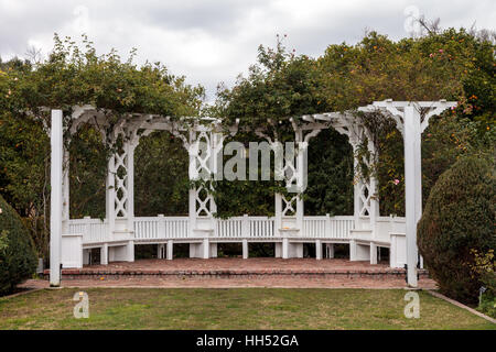 Los Angeles, CA, USA – 15. Januar 2017: Weiße Veranda Pavillon mit Lichtern in einem Rosengarten am Los Angeles Arboretum in Souther Stockfoto