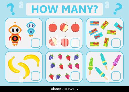 Kinder-pädagogische Logik-Spiel. Mathematische Aufgabe. Wie viele. Vektor-Illustration. Stock Vektor