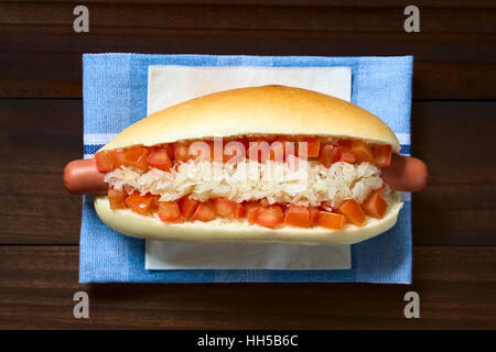 Chilenische Completo Clasico (klassisch) oder Aleman (Deutsch)-traditionelle Hot-Dog-Sandwich mit Tomate und sauerkraut Stockfoto