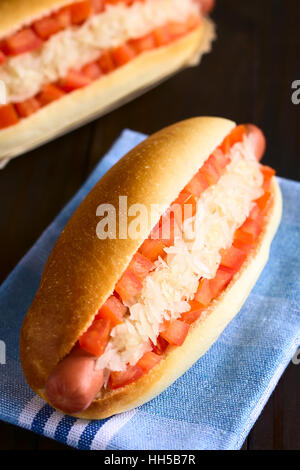 Chilenische Completo Clasico (klassisch) oder Aleman (Deutsch) traditionellen Hot-Dog Brötchen, Tomaten und sauerkraut Stockfoto
