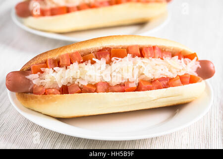 Chilenische Completo Clasico (klassisch) oder Aleman (Deutsch) traditionellen Hot-Dog Brötchen, Tomaten und sauerkraut Stockfoto