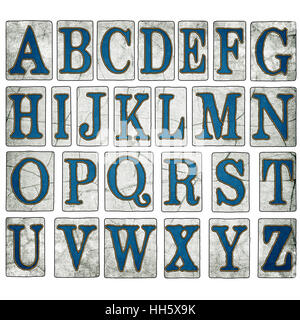 komplettes englische Alphabet - Collage aus 26 isolierte Vintage Holz Buchdruck Druckstöcken, zerkratzt und Flecken durch Tinte patina Stockfoto