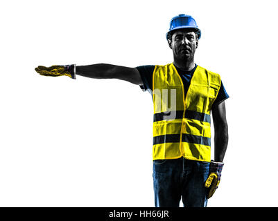 ein Bauarbeiter Signalisierung mit Sicherheit Weste Silhouette in weißen Hintergrund isoliert Stockfoto