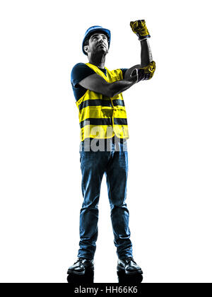 ein Bauarbeiter Signalisierung mit Sicherheit Weste Verwendung Whipline Silhouette in weißen Hintergrund isoliert Stockfoto