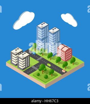 Flache 3d isometrische urbanen City-Infografik-Konzept. Township Karte zentrieren mit Gebäuden, Geschäften und Straßen auf das Flugzeug. Stockfoto