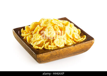 Cornflakes in Holzschale isoliert auf weißem Hintergrund Stockfoto