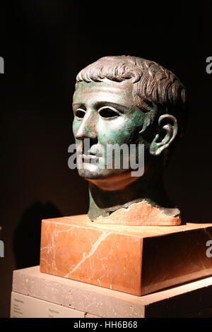 Tiberius (42 v. Chr. - 37 v. Chr.). Römischer Kaiser. Kopf. Bronze. Gefunden Sie in Tiermes, Spanien. Nationales Archäologisches Museum. Madrid. Spanien. Stockfoto