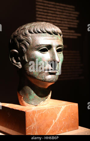 Tiberius (42 v. Chr. - 37 v. Chr.). Römischer Kaiser. Kopf. Bronze. Gefunden Sie in Tiermes, Spanien. Nationales Archäologisches Museum. Madrid. Spanien. Stockfoto