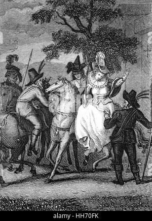 Die Verhaftung von Mary, Königin der Schotten, zwischen 21 und 23 April 1567. Auf dem Weg zurück nach Edinburgh am 24. April, nach dem Besuch ihres Sohnes an Stirling wurde Mary willentlich oder nicht, von Lord Bothwell und seinen Männern entführt und Dunbar Castle. Stockfoto