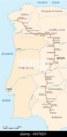 Karte von den Jakobsweg von Sevilla nach Santiago de CoSantiago de Compostelampostela (Via De La Plata), Spanien Stock Vektor