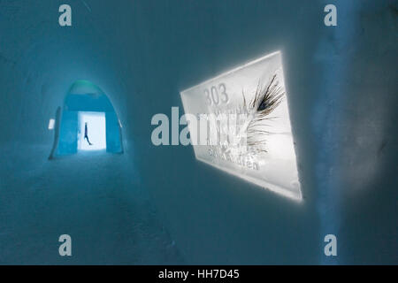 Hotelzimmer, Flur, Schild mit Raumnummern, Eishotel in Jukkasjärvi, Lappland und Norrbotten Grafschaft, Schweden Stockfoto