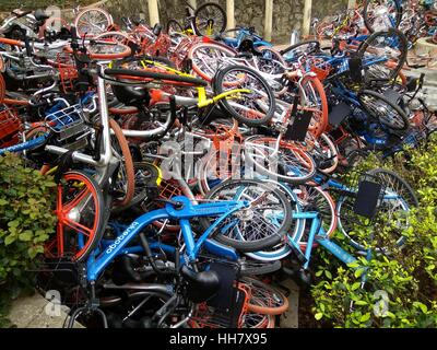 Shenzhen, Shenzhen, China. 16. Januar 2017. Shenzhen, CHINA-Januar 16 2017: (nur zur redaktionellen Verwendung. CHINA HERAUS). Hunderte von sabotierte freigegebenen Fahrräder liegen direkt neben einem Park in Süd-China Shenzhen, 16. Januar 2017. Fahrräder von verschiedenen Fahrrad Vermietung-Service-Unternehmen einschließlich Mobi, Xiaoming und OFO sind jetzt vor dem Problem der Sabotage in China geteilt. Viele gemeinsame Fahrräder wurden in der Straße aufgegeben und als Bikesharing-repariert werden musste jetzt an Popularität gewinnt. Bildnachweis: SIPA Asien/ZUMA Draht/Alamy Live-Nachrichten Stockfoto