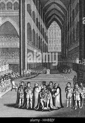 Die Krönung von König Henry VIII (1491-1547) in der Westminster Abbey am 21 April 1509. Heinrich war der zweite Tudor Monarch, Nachfolger seines Vaters Heinrich VII. Stockfoto