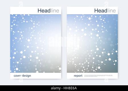 Wissenschaftliche Broschüre Design-Vorlage. Vektor-Flyer-Layout, molekulare Struktur mit verbundener Linien und Punkten. Wissenschaftliche Muster Atom DNA mit Elementen für Magazin, Broschüre, Abdeckung, Plakatgestaltung. Stock Vektor