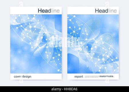 Wissenschaftliche Broschüre Design-Vorlage. Vektor-Flyer-Layout, molekulare Struktur mit verbundener Linien und Punkten. Wissenschaftliche Muster Atom DNA mit Elementen für Magazin, Broschüre, Abdeckung, Plakatgestaltung. Stock Vektor