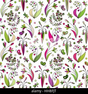 Schöne Vintage nahtlose Muster mit bunten wilden Frühlingsblumen auf weißem Hintergrund. Wilde Frühling Lilie, Primel, Schneeglöckchen, vergessen-mich. Vektor-Illustration. Violett Lila grün hinterlegt. Stock Vektor