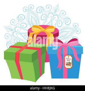 Satz von drei verschiedenen bunten isoliert vorhanden Geschenkboxen - flachen Stil-Vektor-illustration Stock Vektor