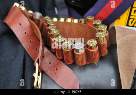 Schrotflinte Patronen in einem Ledergürtel auf einem Fasan schießen in Südengland Stockfoto