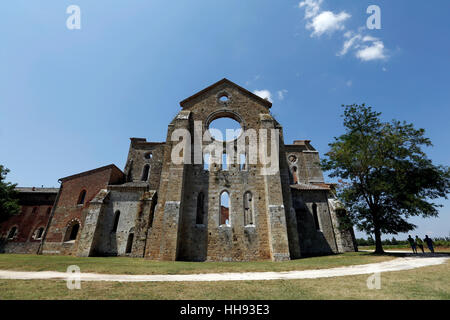 CHIUSDINO, Italien, 26. Juli 2016: Blick auf die gotische Abtei von San Galgano am 26. Juli 2016 in Chiusdino, Siena, Toskana, Italien. Stockfoto