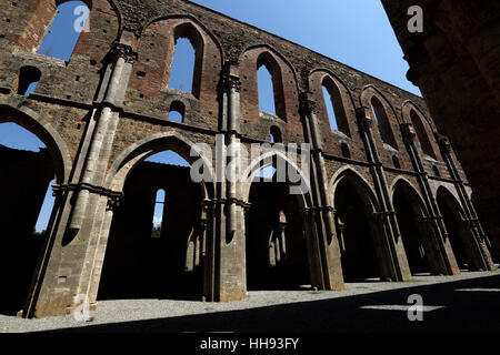 CHIUSDINO, Italien, 26. Juli 2016: Innenansicht der gotische Abtei von San Galgano am 26. Juli 2016 in Chiusdino, Siena, Toskana, Italien. Stockfoto