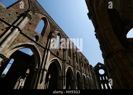 CHIUSDINO, Italien, 26. Juli 2016: Innenansicht der gotische Abtei von San Galgano am 26. Juli 2016 in Chiusdino, Siena, Toskana, Italien. Stockfoto