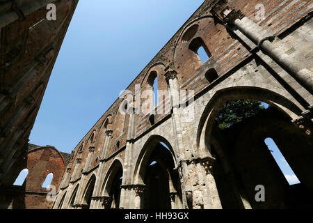 CHIUSDINO, Italien, 26. Juli 2016: Innenansicht der gotische Abtei von San Galgano am 26. Juli 2016 in Chiusdino, Siena, Toskana, Italien. Stockfoto