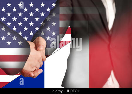 Doppelbelichtung Handshake auf Flagge USA und Frankreich Stockfoto