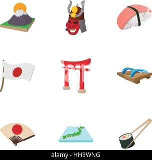 Tourismus in Japan Icons Set, Cartoon-Stil Stock Vektor