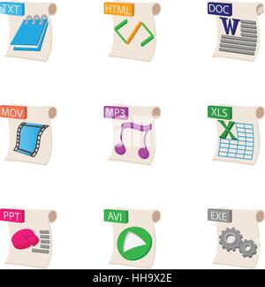Art von Dateien Icons Set, Cartoon-Stil Stock Vektor