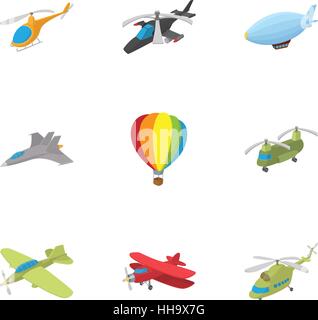 Fliegende Fahrzeuge Icons Set, Cartoon-Stil Stock Vektor