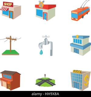Bau der Stadt Symbole gesetzt, Cartoon-Stil Stock Vektor