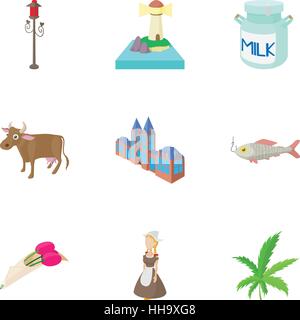 Tourismus in Holland Icons Set, Cartoon-Stil Stock Vektor
