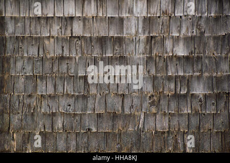 Eine ganze Wand voller sehr verwitterten Zeder schüttelt an der Seite eines alten Nebengebäude Stockfoto