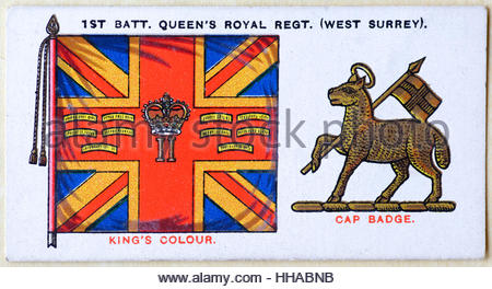 1. Bataillon Queen Royal Regiment West Surrey Regiments Standard und Kappe Abzeichen Stockfoto