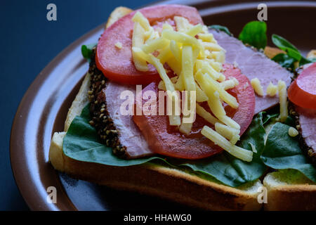 Toast mit gebratenen Fleisch, Tomaten, Sauerampfer und Mozzarella-Käse auf Ton Platte serviert Stockfoto