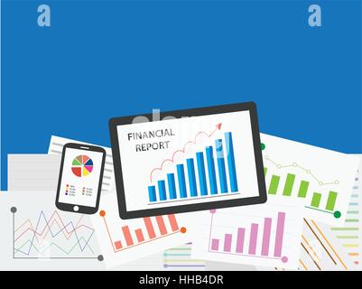 Wachsende Grafik Tablet und Smartphone mit Analyse Bericht. Ansicht von oben mit der Kopie. Stock Vektor