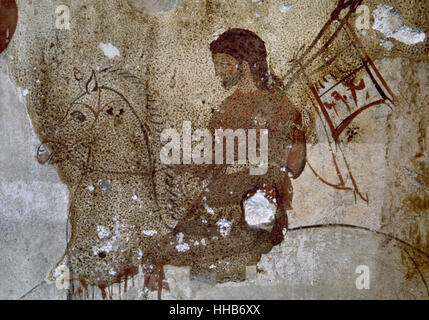 Magna Graecia. Lukanischen Grab. Griechischen Stil malen mit kursiv Einfluss Darstellung die Rückkehr des Kriegers. 4. Jh.V.Chr. Archäologisches Museum von Paestum. Italien. Stockfoto
