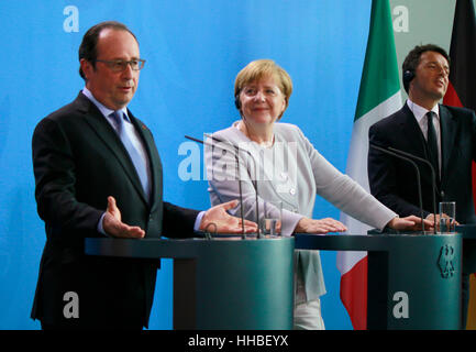 Francois Hollande, BKin Angela Merkel, Matteo Renzi - Treffen der dt. Bundeskanzlerin Mit Dem Italienischen Ministerpraesidenten Und Dem franzoesische Stockfoto