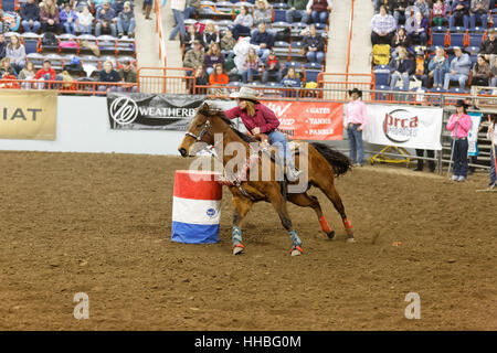 Eine junge Cowgirl konkurriert in der High School Faßlaufen Event auf dem Bauernhof zeigen Complex in Harrisburg, Pennsylvania. Stockfoto