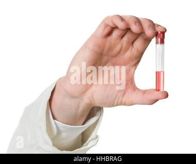 Hand eines Wissenschaftlers oder Chemiker hält ein Reagenzglas Stockfoto