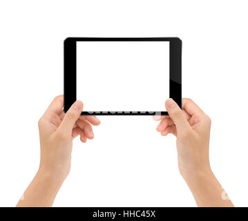 Mock-up Tablet bei Frau hand isoliert auf weiss Schneidepfad innen Stockfoto