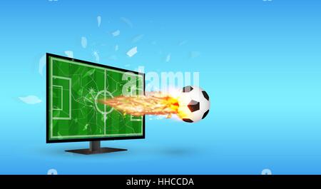 Rissig-Fernseher mit Fußball und Feuer über Bildschirm Stock Vektor