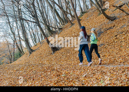 Foto der Rückseite von zwei attraktiven Sport Frauen im Herbst Park Joggen. Blond und afrikanische Mädchen. Gelbe Blätter. Frau, Lächeln Stockfoto
