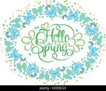 Runde Rahmen von Schmetterlingen. Hallo Frühling Schriftzug. Bunte Vektor-illustration Stock Vektor
