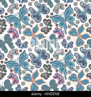 Schöner Hintergrund nahtlose Muster mit bunte Schmetterlingen über weiße fliegen. Helle stilvolle trendige Tapeten. Vektor-illustration Stock Vektor