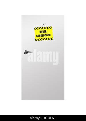 Eine konzeptionelle Holztür mit Zeichen isoliert auf weiss Stockfoto